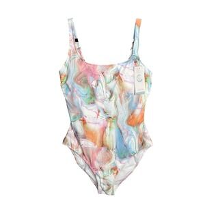 Calme Tank One Piece Swimsuit Size XL Marble Pastel Multicolor NWT